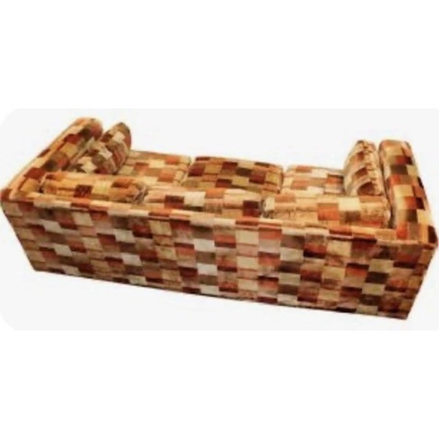 Mid Century Modern Milo Baughman Jack Lenor Larsen Cotton Velvet Sofa. Orange and terracotta checkerboard style motif....