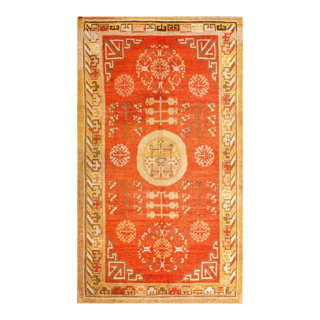 1920s Orange Medallion Rustic Central Asian Chinese Khotan Carpet 4' X 7' Handknotted Wool Rug For Sale