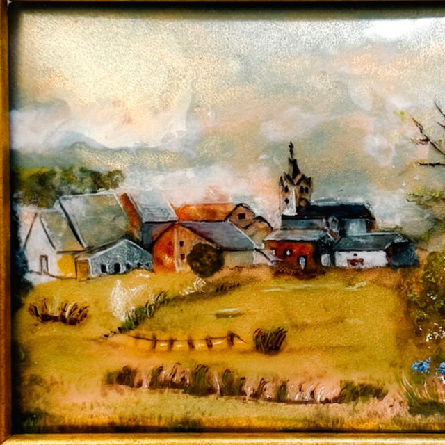 Wood Vintage French Hand-Painted Petite Enamel Landscape Framed Paintings - Set of 2 For Sale - Image 7 of 13