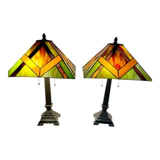 Mission Design 2-Light Black on Bronze Tiffany Style Table Lamps - a Set For Sale