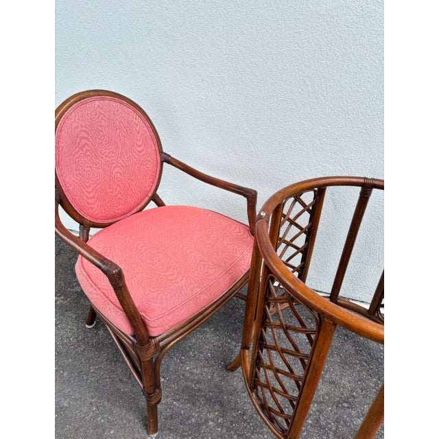 Wood David Francis Attributed, Rattan Dining Set With Coveted “Spider Back” Coastal Design. Leather Bindings, Quality Construction and Coral Damask Fabric. For Sale - Image 7 of 8