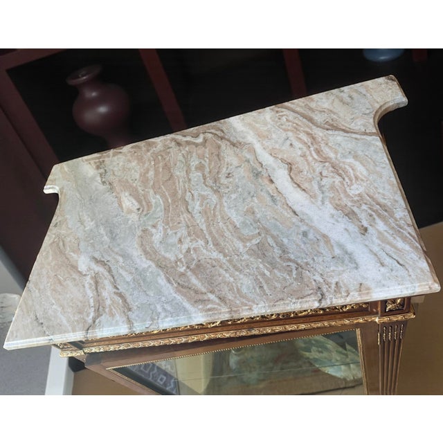 French Vintage French Louis XVI Marble Gilt Glass Display Vitrine Cabinet For Sale - Image 3 of 10