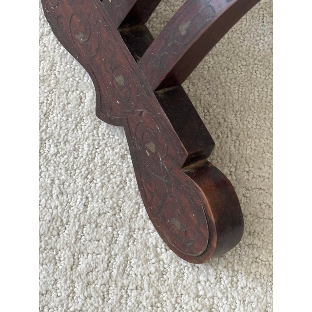 Vintage Teak Savonarola Chair With Brass Foliate Inlay / Statement Chair For Sale - Image 15 of 15