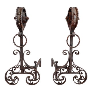 19th-C. French Hand Forged Wrought Iron Fireplace Andirons With Scrollwork - Pair For Sale