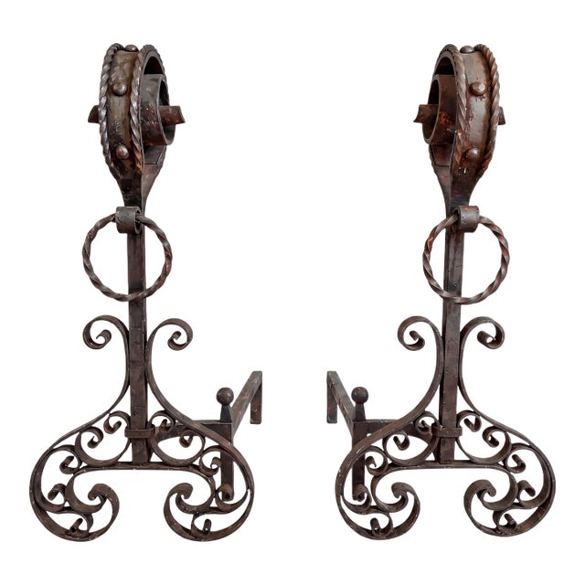 19th-C. French Hand Forged Wrought Iron Fireplace Andirons With Scrollwork - Pair For Sale