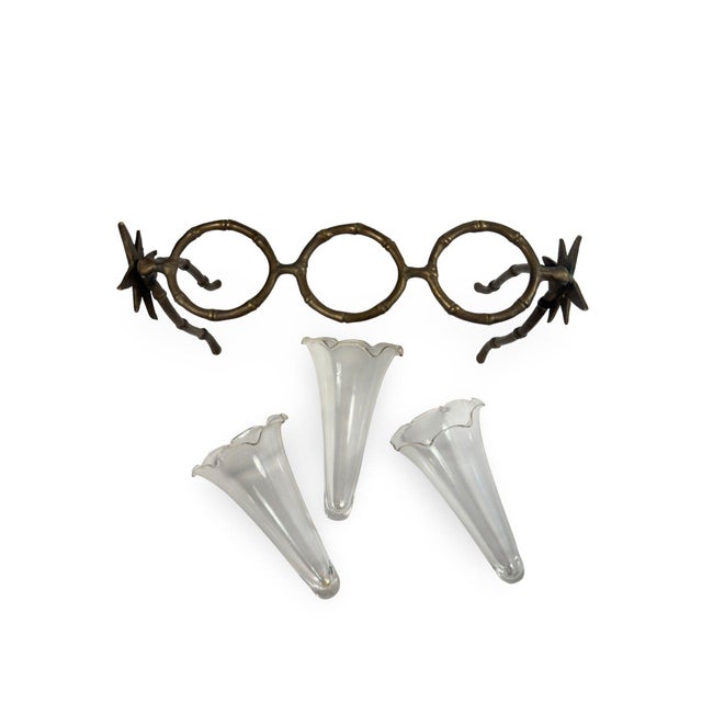 Vintage Glass Bud Vase Trio With Brass Bamboo Stand, French Style Test Tube Vases, Sculptural Floral Holder, Petite Flower Arrangement For Sale - Image 9 of 10