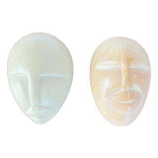 Pair of Hand Carved Soapstone Face Trinket Boxes For Sale