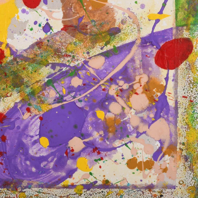This Signed Sam Francis (1923-1994) Oil on Canvas Colorful Paint Splatter is vibrant abstract painting bursts with...