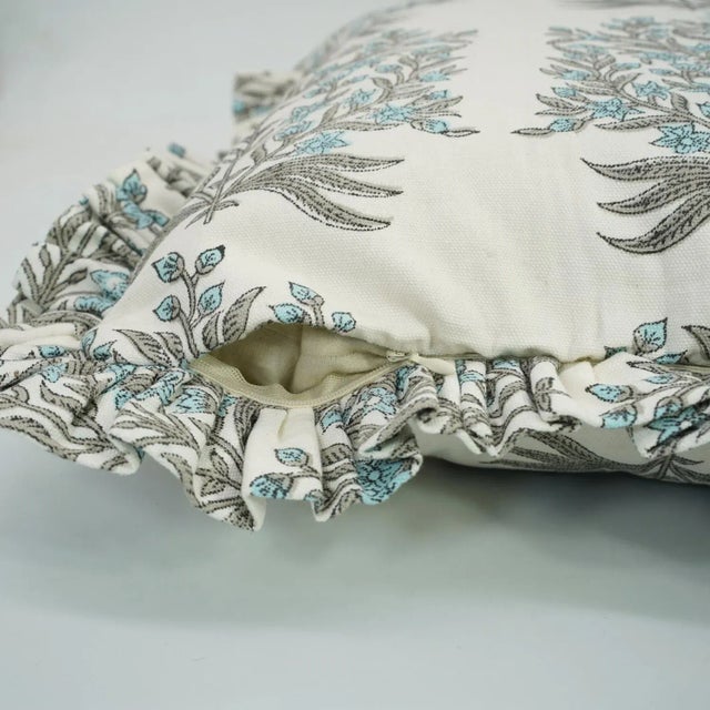 Fabdivine Cotton Frill Cushion Cover With Block Print Blue 12x20 Inch Vrindavan For Sale - Image 4 of 5