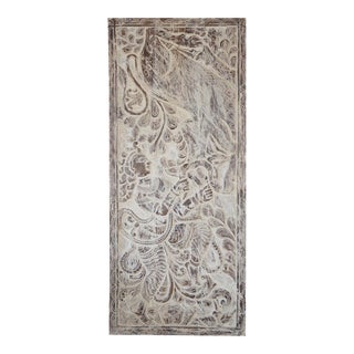 Vintage Whitewashed Krishna Wall Art Carved Wood Barn Door For Sale