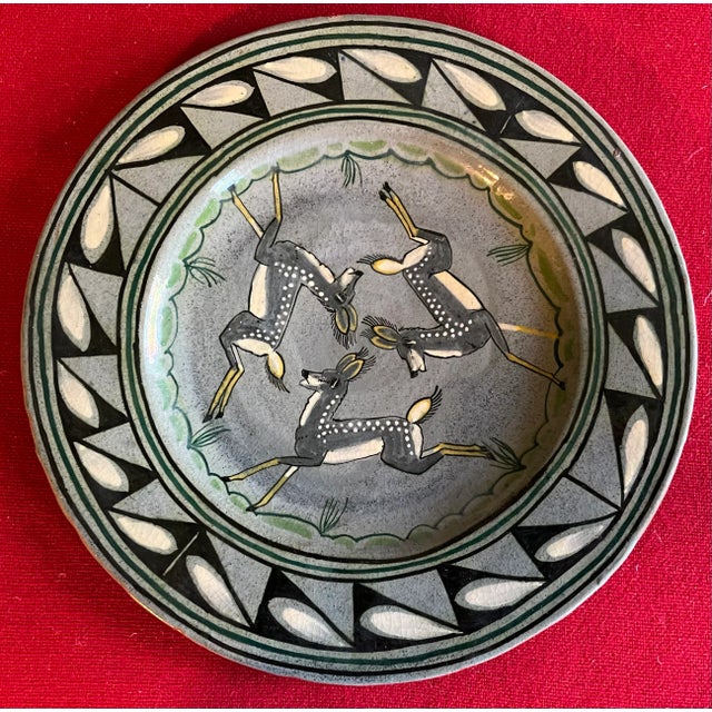 1940s Katherine Alden (American 1893 - 1976) Plymouth, Massachusetts Sparrow House Art Deco Studio Pottery Plate Decorated With Deer For Sale - Image 5 of 9