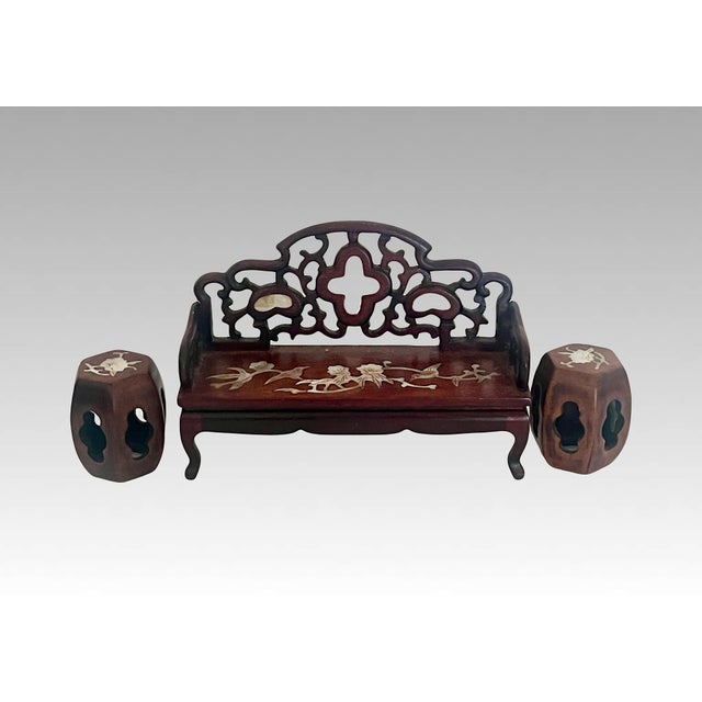 Collection of Chinese Hand Carved Rosewood Dolls House Furniture Inlaid With Mother of Pearl, 13 Pieces (Seating, Dining & Display) For Sale - Image 4 of 11