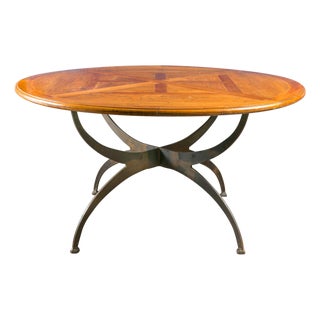 French Dining Table with Round Parquetry Top circa 1900 and New Custom Iron Base For Sale