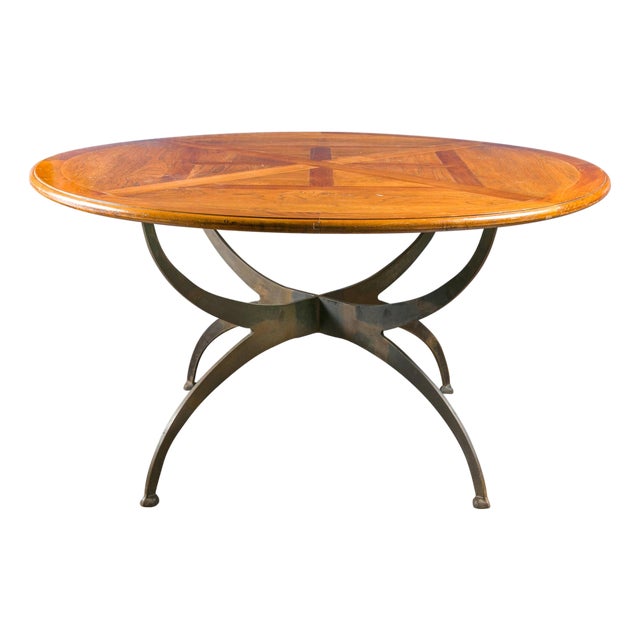 French Dining Table with Round Parquetry Top circa 1900 and New Custom Iron Base For Sale