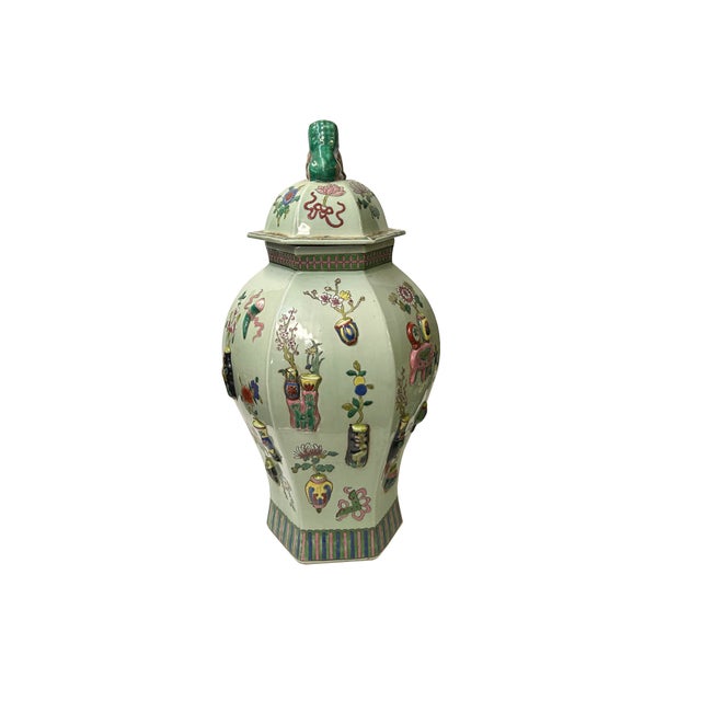 Vintage Chinese Light Celadon Green Relief Motif Hexagonal Porcelain Jar For Sale - Image 10 of 13