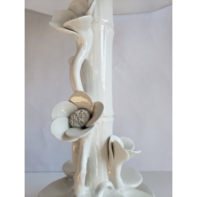1960s Mid Century Italian Ceramic Faux Bamboo & Lotus Flower Table Lamps-A Pair For Sale - Image 5 of 13