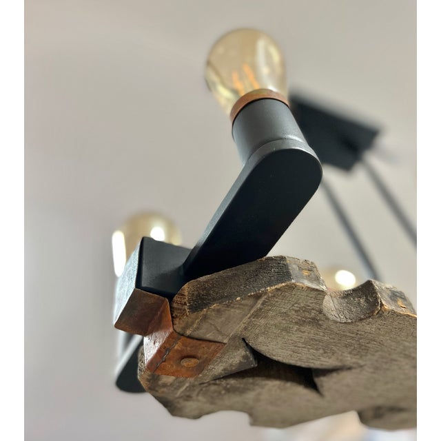 Mid-Century Modern Antique Reclaimed Wood & Black Metal Chandelier With Edison Bulbs - Modern Farmhouse, Industrial, With MCM Flair For Sale - Image 3 of 4