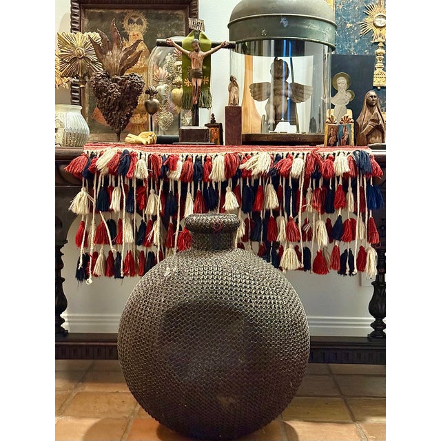 Vintage Indian ‘Rajasthani Style’ Metal Water Jug, Vessel Encased in Chain-Mail, Wire Mesh Exterior. The urn shaped body...