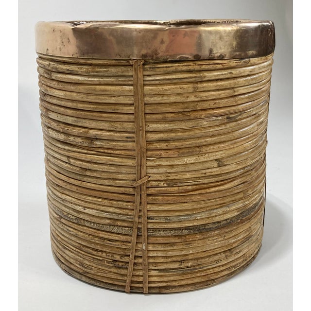 Mid-Century Modern Vintage Gabriella Crespi Style Brass Trim Coiled Rattan Basket For Sale - Image 3 of 5