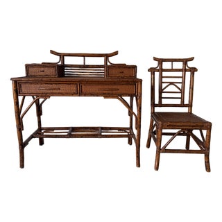Vintage British Colonial Style Faux Bamboo & Cane Pagoda Desk With Matching Chair For Sale