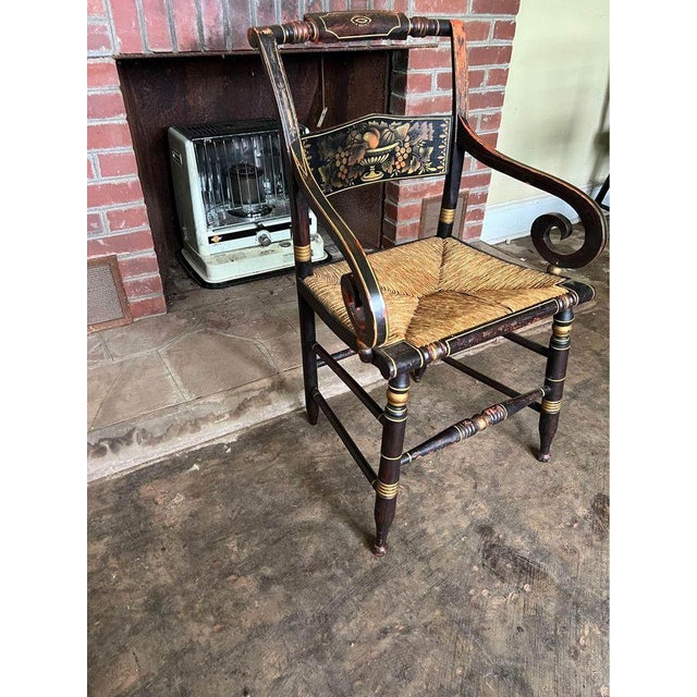 19th Century Antique American Sheraton Style Hand-Painted Rush Seat Armchair For Sale - Image 10 of 11
