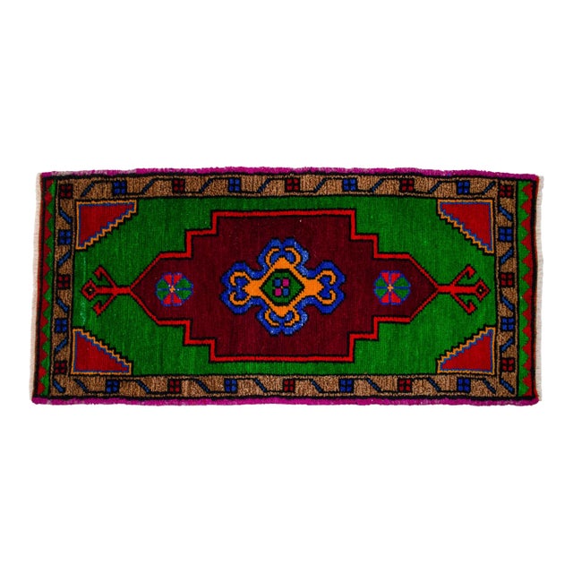 1970s Hand Made Rug. Colorful Floral Oushak Rug, Bath Mat, Kitchen Sink Decor 1'6" X 3'3" For Sale