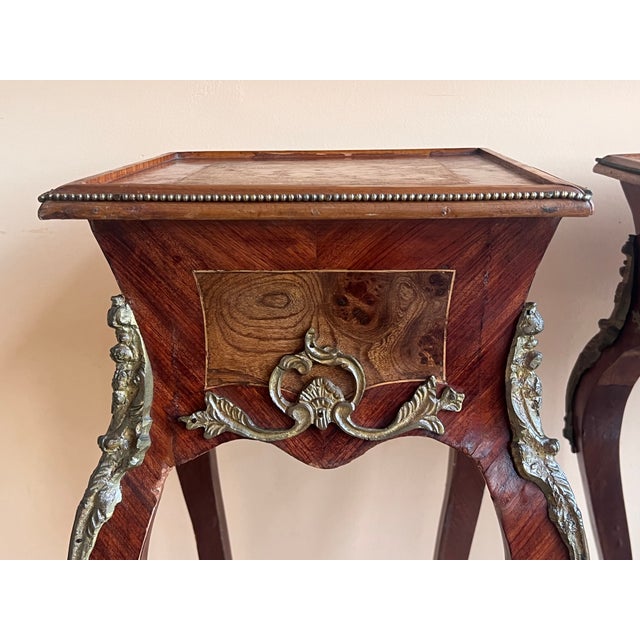 French Classic Louis XV Style Marquetry Nightstands With Drawer, 1910 For Sale - Image 9 of 11