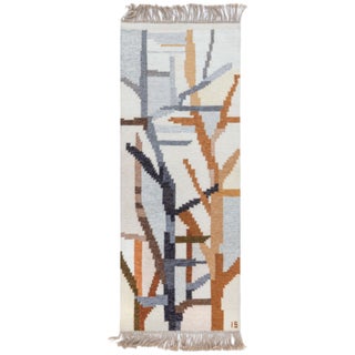 Vintage Scandinavian Abstract Gray Flatweave Runner By Ingegerd Silow For Sale