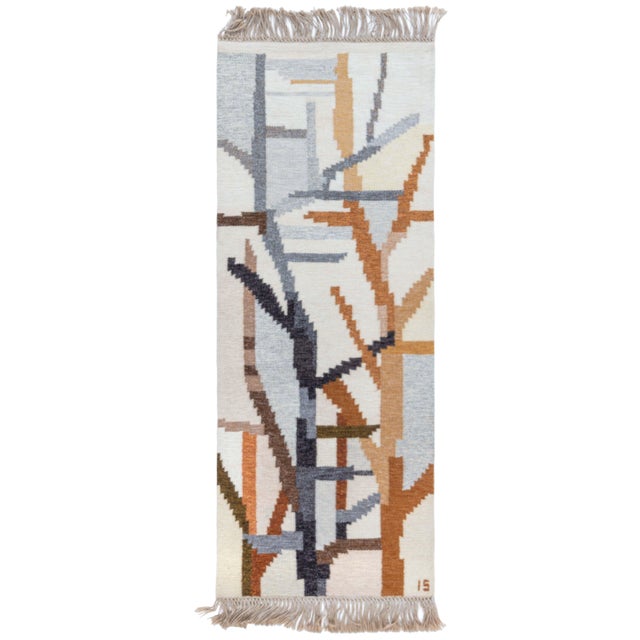 Vintage Scandinavian Abstract Gray Flatweave Runner By Ingegerd Silow For Sale