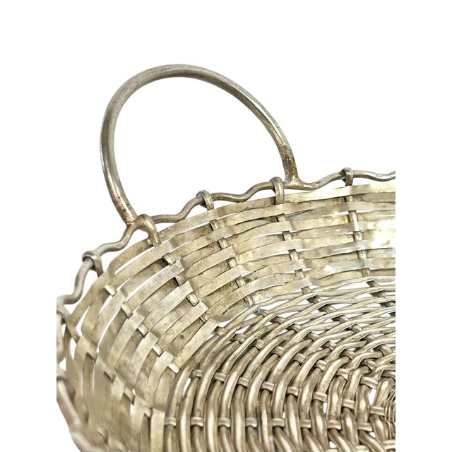 Vintage French Provincial Woven Silver Plate Basket Tray With Handles Style After Christofle For Sale - Image 6 of 12