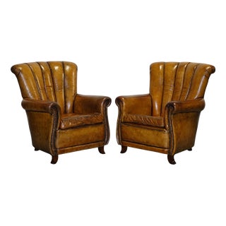 Vintage Art Deco Style Hand Dyed Leather Shell Chairs, Set of 2 For Sale