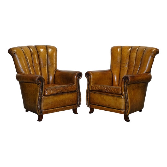Vintage Art Deco Style Hand Dyed Leather Shell Chairs, Set of 2 For Sale