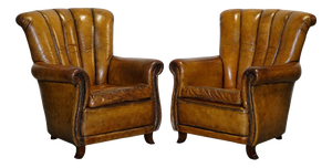 Vintage Art Deco Style Hand Dyed Leather Shell Chairs, Set of 2
