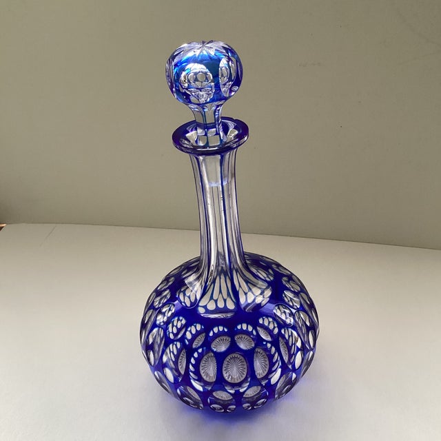 Traditional Antique Cut Crystal Decanter With Cobalt Blue Thumbprint Design For Sale - Image 3 of 6
