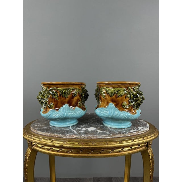 Ceramic 19th Century Mascaron-Decorated Earthenware Cachepots, Set of 2 For Sale - Image 7 of 11