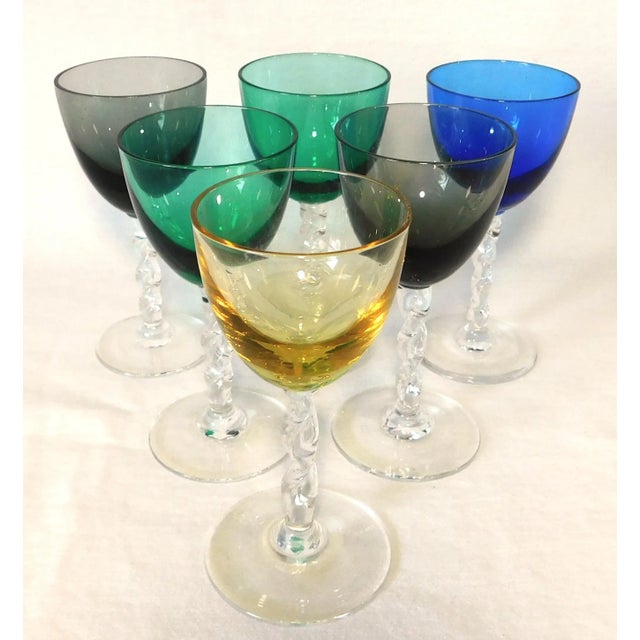 Contemporary Vintage Multi-Colored Twisted Stem Pedestal Cordial Shot Liquor Glasses - Set of 6 For Sale - Image 3 of 7