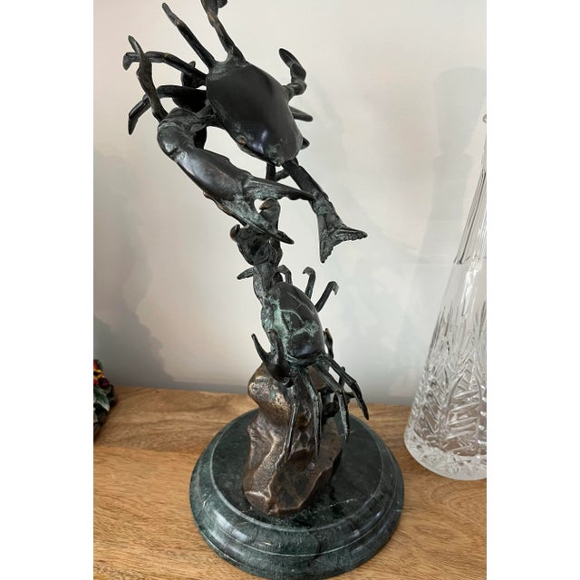 Black Fighting Bluepoint Crab Brass Sculpture on Green Marble Base For Sale - Image 8 of 11