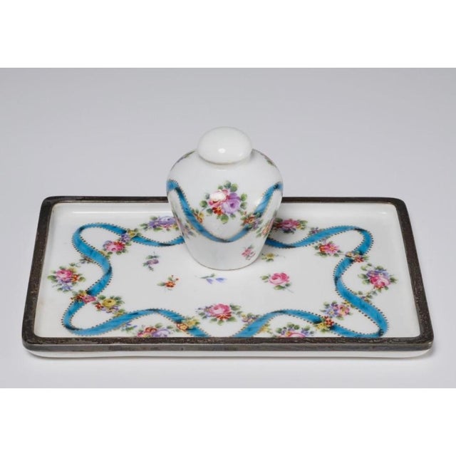 1900 - 1909 Vintage St. Yves Paris Porcelain and Silver-Plate Inkwell Set With Tray For Sale - Image 5 of 14
