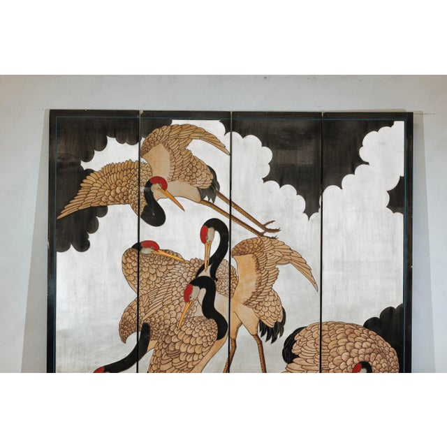 Vintage Chinese Four-Panel Screen with Silver Ground and Hand-Painted Cranes For Sale In New York - Image 6 of 12