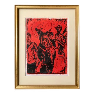 Vintage Expressionist Wood Block Print "Exodus by Sylvia T. Gavurin 1971 Artist Proof For Sale