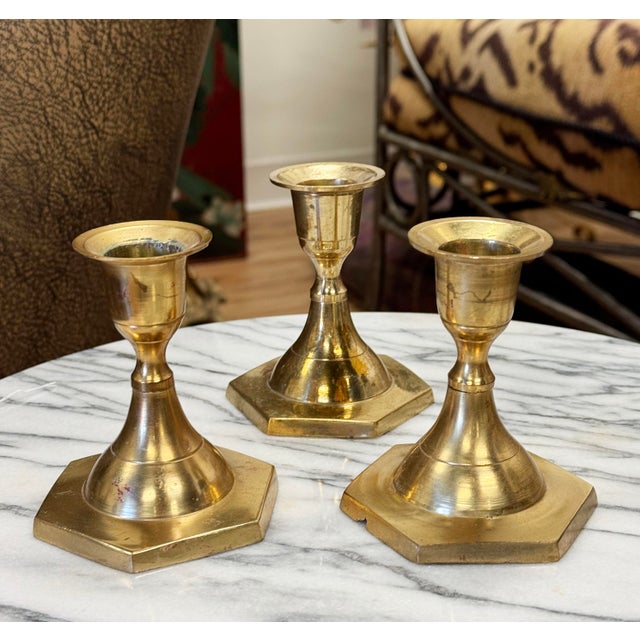 Brass MCM Candlestick Holder Trio For Sale - Image 4 of 4