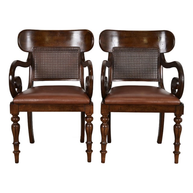 Ralph Lauren for Henredon English Regency Walnut and Cane Armchairs, Pair For Sale
