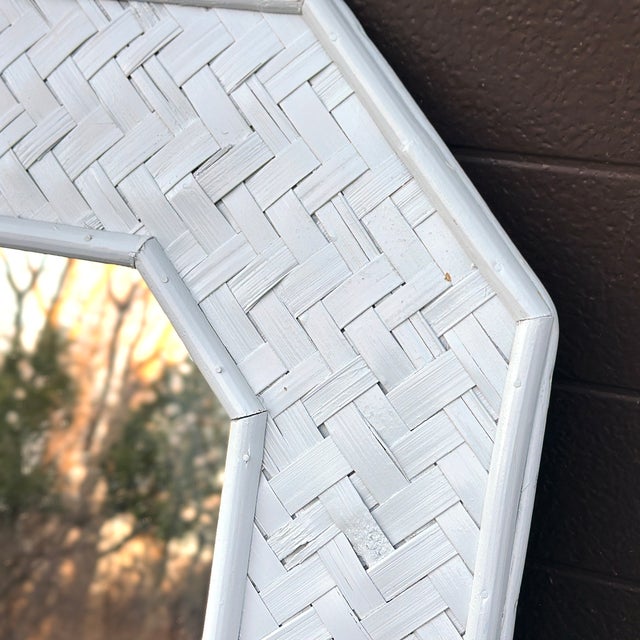 Vintage Petite White Painted Bamboo & Woven Rattan Wall Mirror For Sale - Image 4 of 8