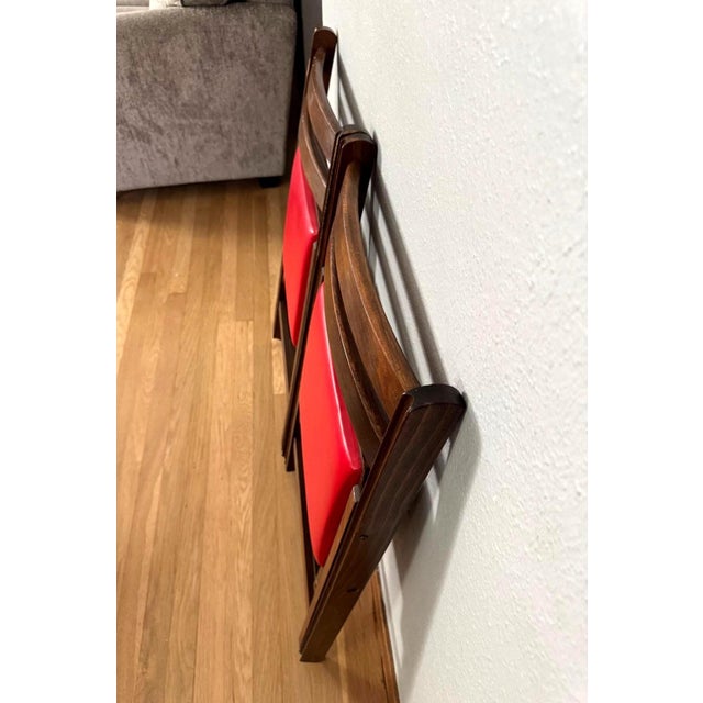 Red Mid 20th Century Folding Chairs by Nevco Furniture Corp., Red Vinyl & Walnut Finish — Set of 2 For Sale - Image 8 of 11