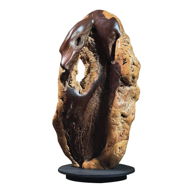 Vintage Abstract Modernist Hand Carved Burl Wood Sculpture on Stand For Sale