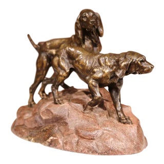 19th Century French Spelter Hunting Dogs Sculpture on Terracotta Base For Sale