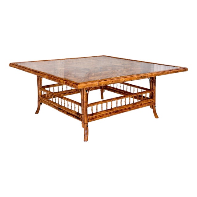 Restored Mid-Century Brighton Pavilion Style Scorched Bamboo 42" Coffee Table For Sale