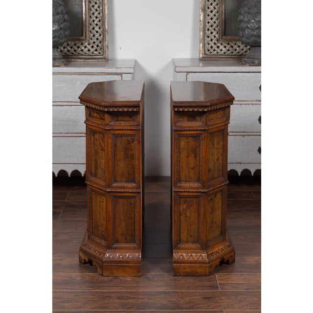 Pair of 1800s Italian Carved Walnut Cabinets with Canted Sides, Drawer and Doors For Sale - Image 4 of 12