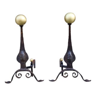 American Wrought Iron and Brass Andirons-A Pair For Sale