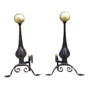 American Wrought Iron and Brass Andirons-A Pair